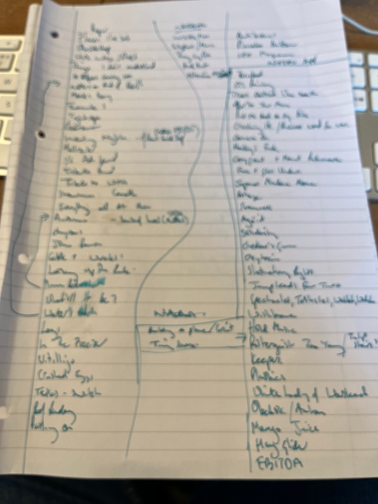 Handwritten list of poem titles, mainly illegible. Blue ink on white paper